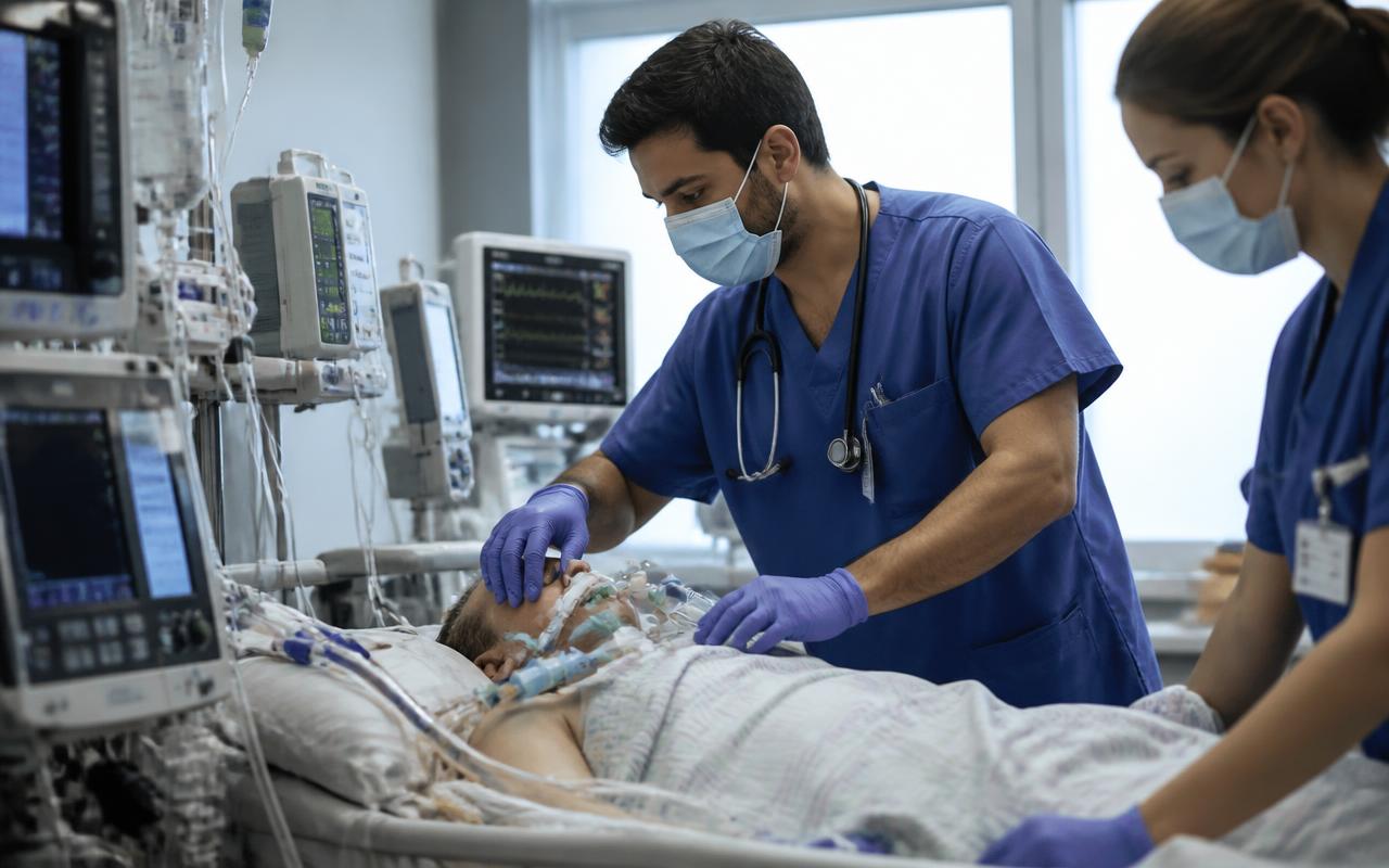 Médico à beira do leito prestando suporte a paciente na UTI